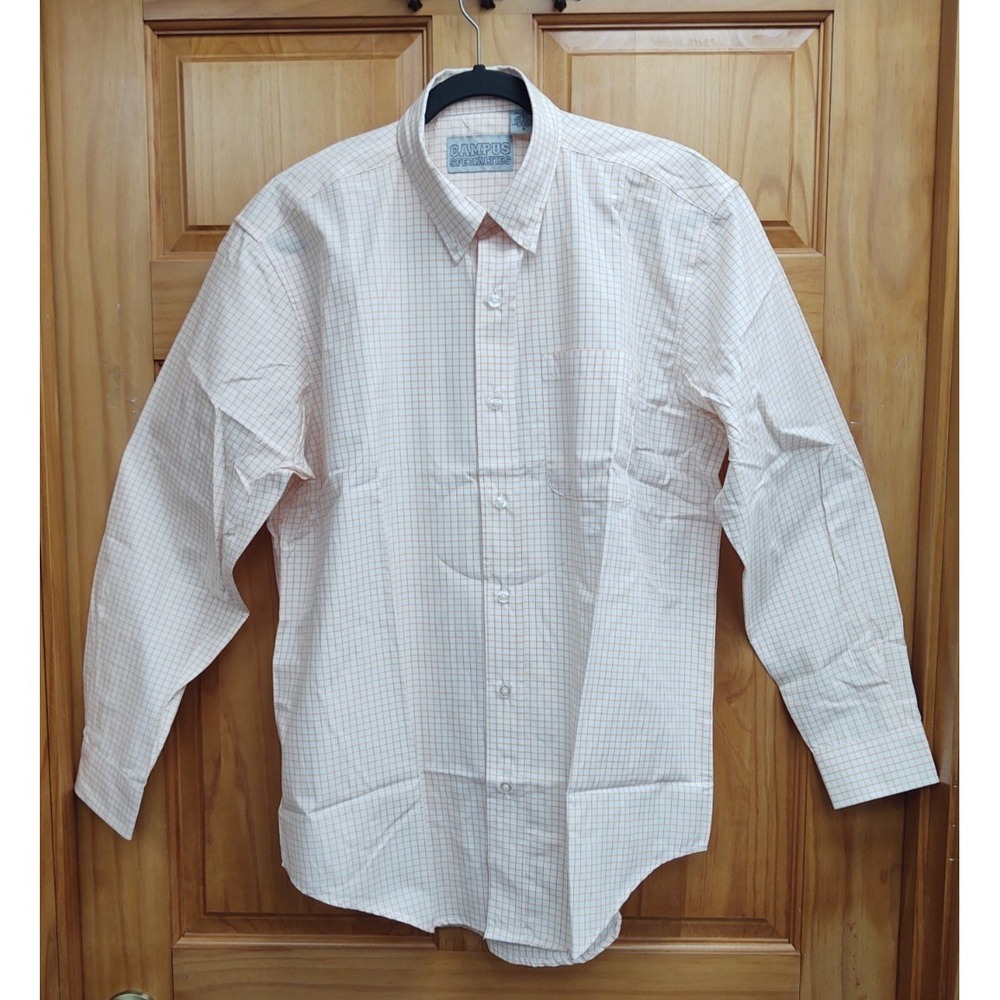 Campus Specialties Men's Size M Button Up Long Sleeve Orange & White Plaid
